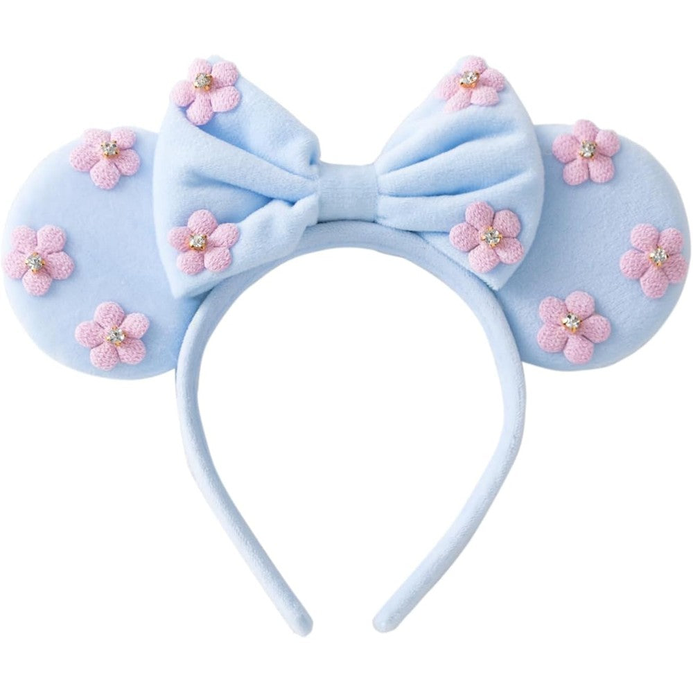 KARETT sequins mouse ears headband front view sky blue color with glitter bow princess hair accessory