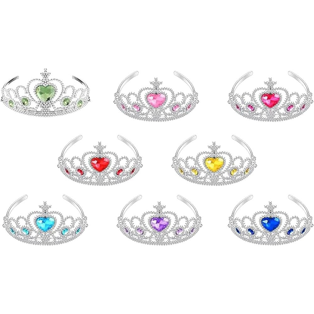 S And E Teacher's Edition eight piece tiaras crown set front view showing colorful heart gemstones.