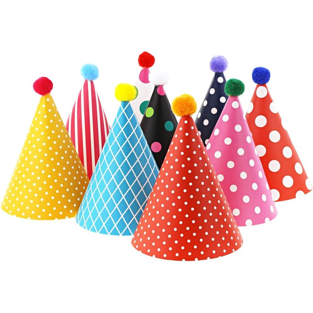 Vesil mini kids birthday party hats front view showing assembled colorful rainbow cone caps and gold crowns