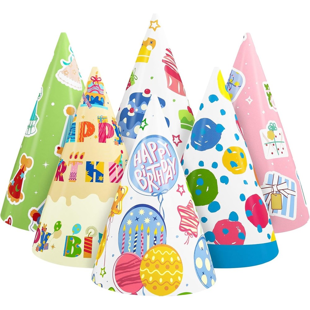 WERNNSAI birthday party cone hats pack front view showing colorful designs