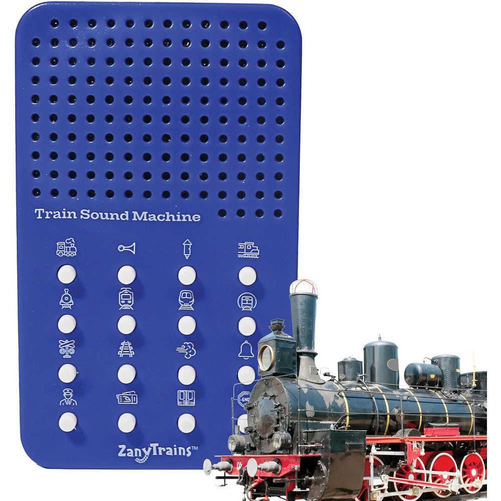 Zany Trains electronic train noisemaker front view showing 16 sound buttons
