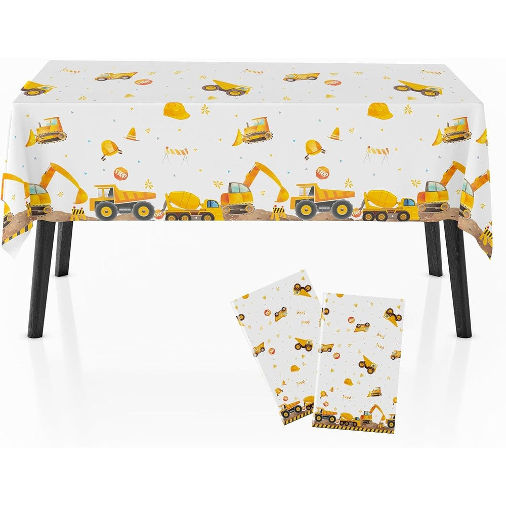 Zharkoo construction party tablecloth front view featuring yellow and black digger designs for boys birthday decorations.