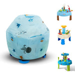 Raweao kids water table cover blue printed front view showcasing ocean graphics over an outdoor toy setup.