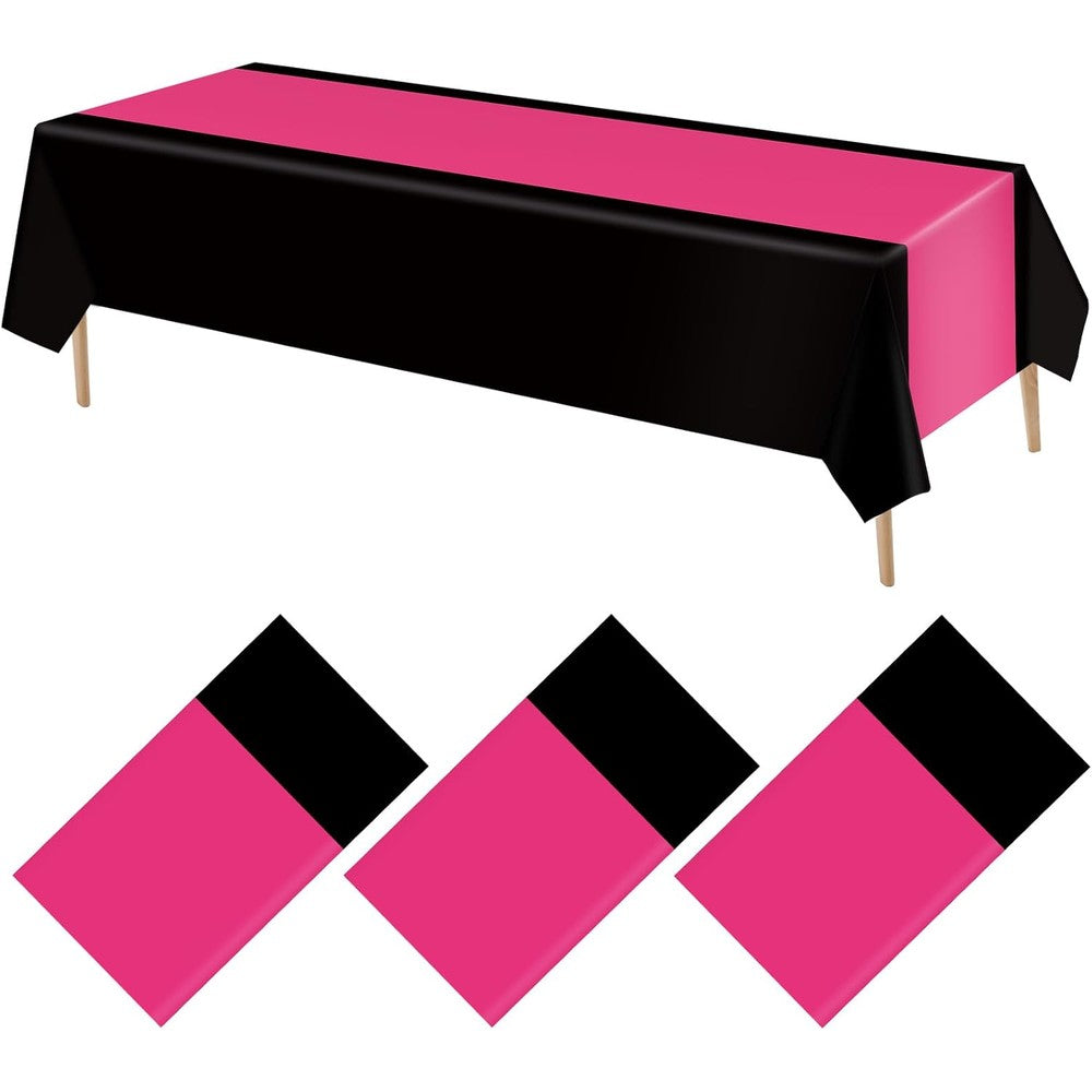 VitalCozy disposable plastic tablecloth set front view showing hot pink and black party patterns.
