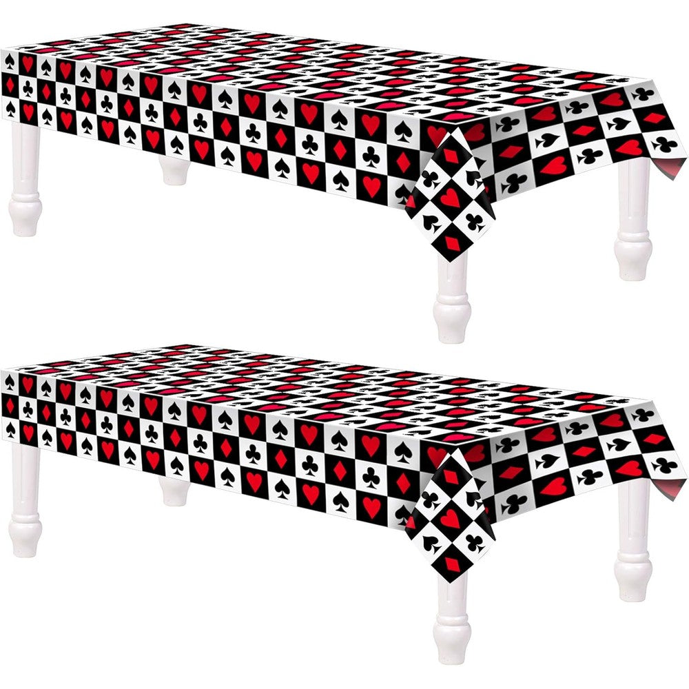 Tatuo casino theme party decorations poker tablecloth front view featuring red and black card suits on a plastic table cover.