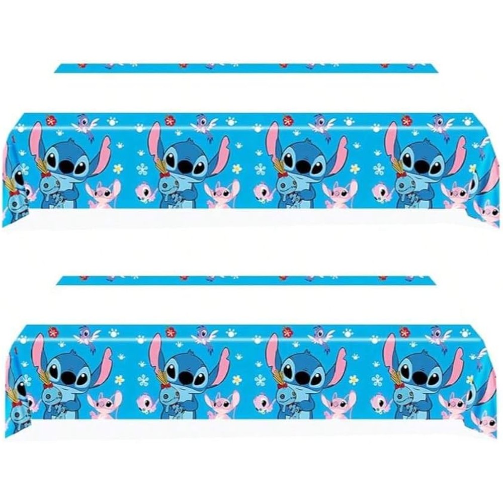 AQHOFSV Pink and Blue Birthday Party Tablecloth two pack front view displaying Stitch cartoon graphics on a blue waterproof plastic surface.