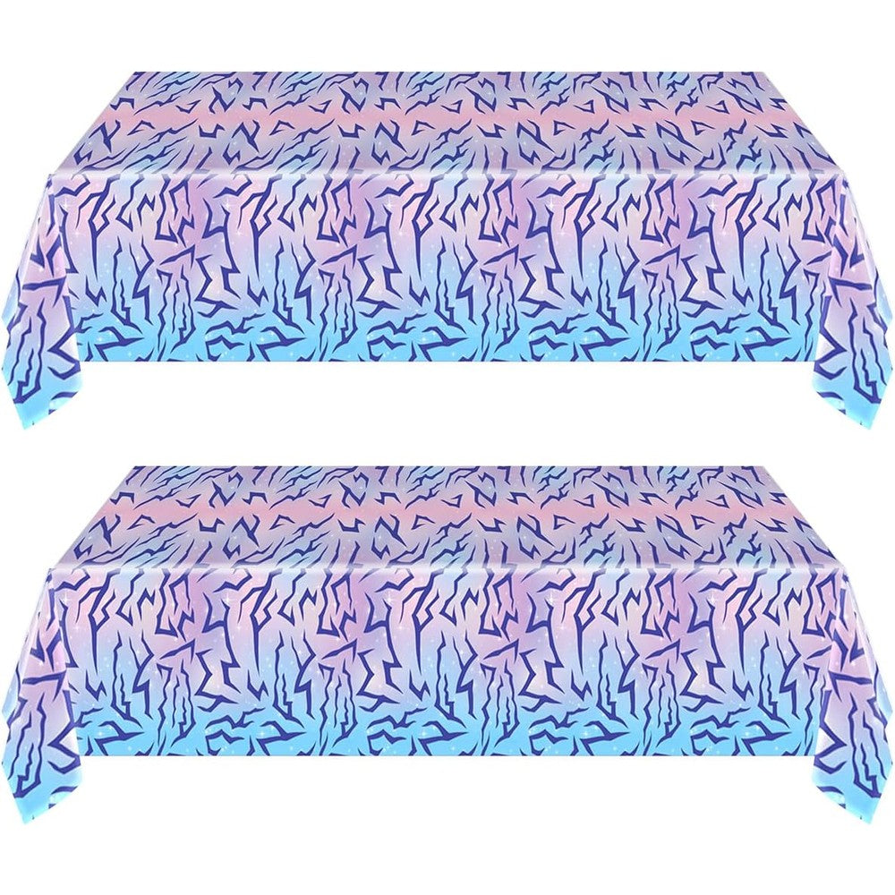 JU XIN Purple Demon Party Tablecloth front view showing the vibrant neon lightning pattern on a long table.