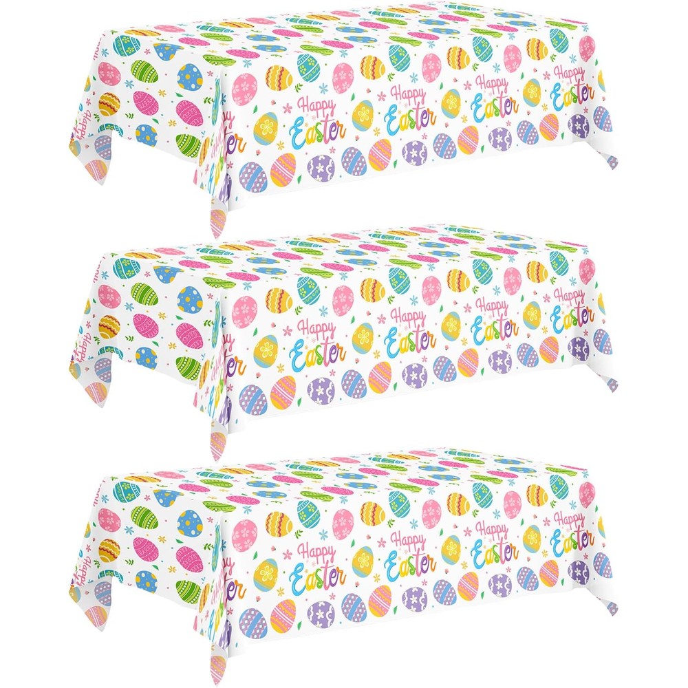 Litmitfu Easter egg disposable plastic tablecloths 3-pack front view showcasing watercolor spring pattern.