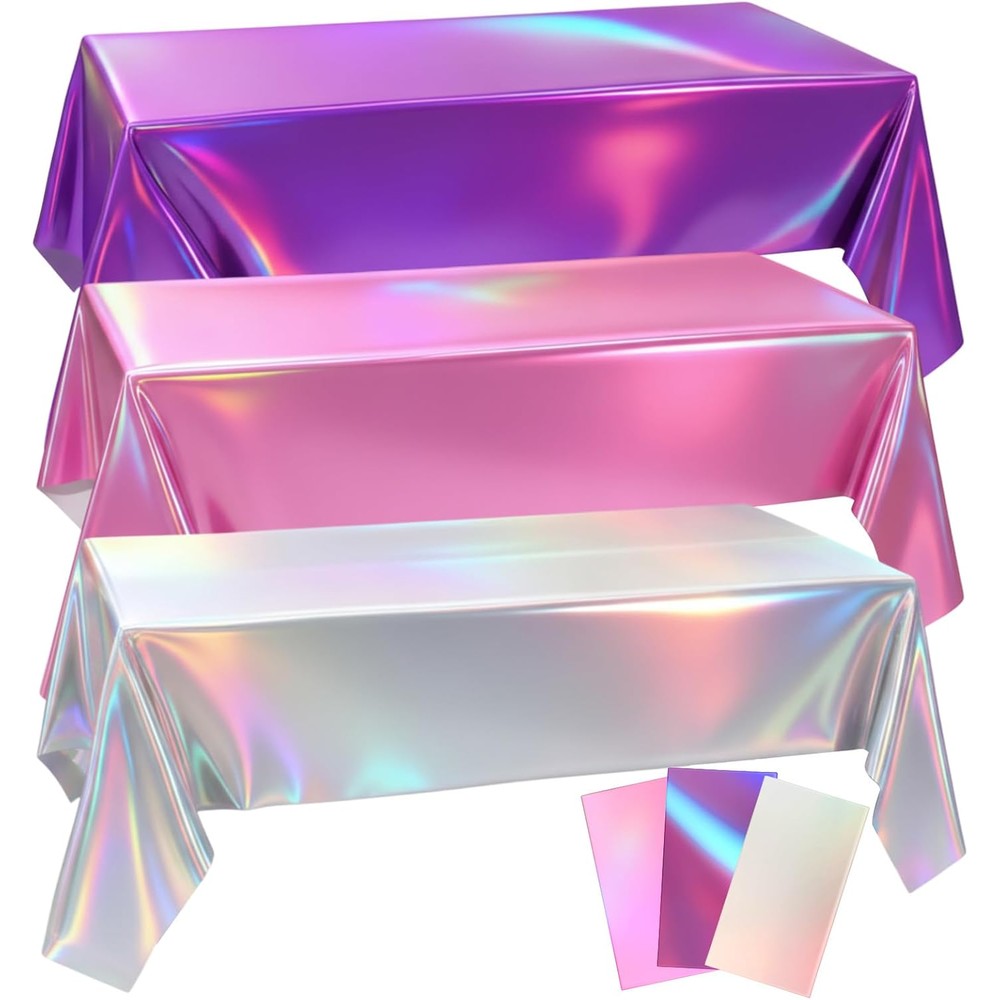 Oudain Kpop Theme Iridescent Party Tablecloth three pack showing pink purple and silver covers spread on tables