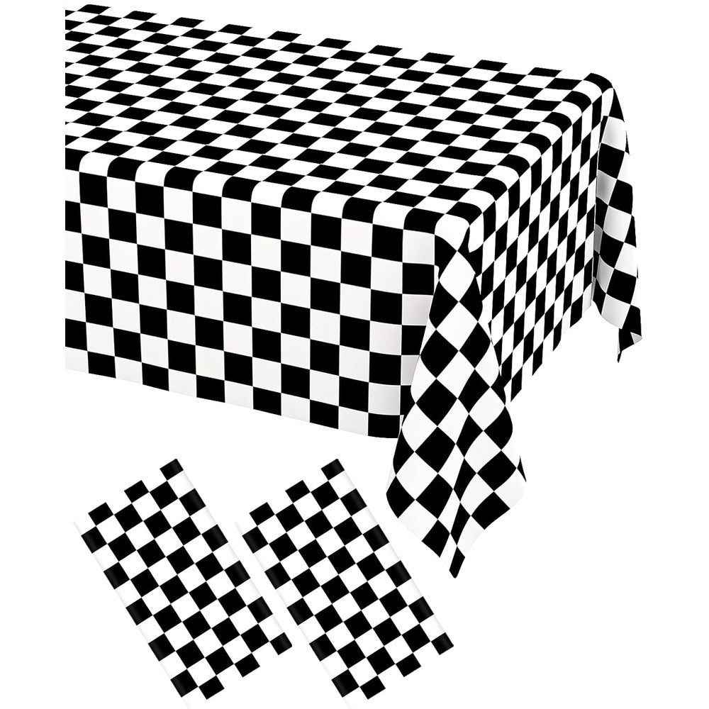 WNINK black and white checkered disposable tablecloth pack front view on a party table.