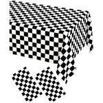 WNINK black and white checkered disposable tablecloth pack front view on a party table.