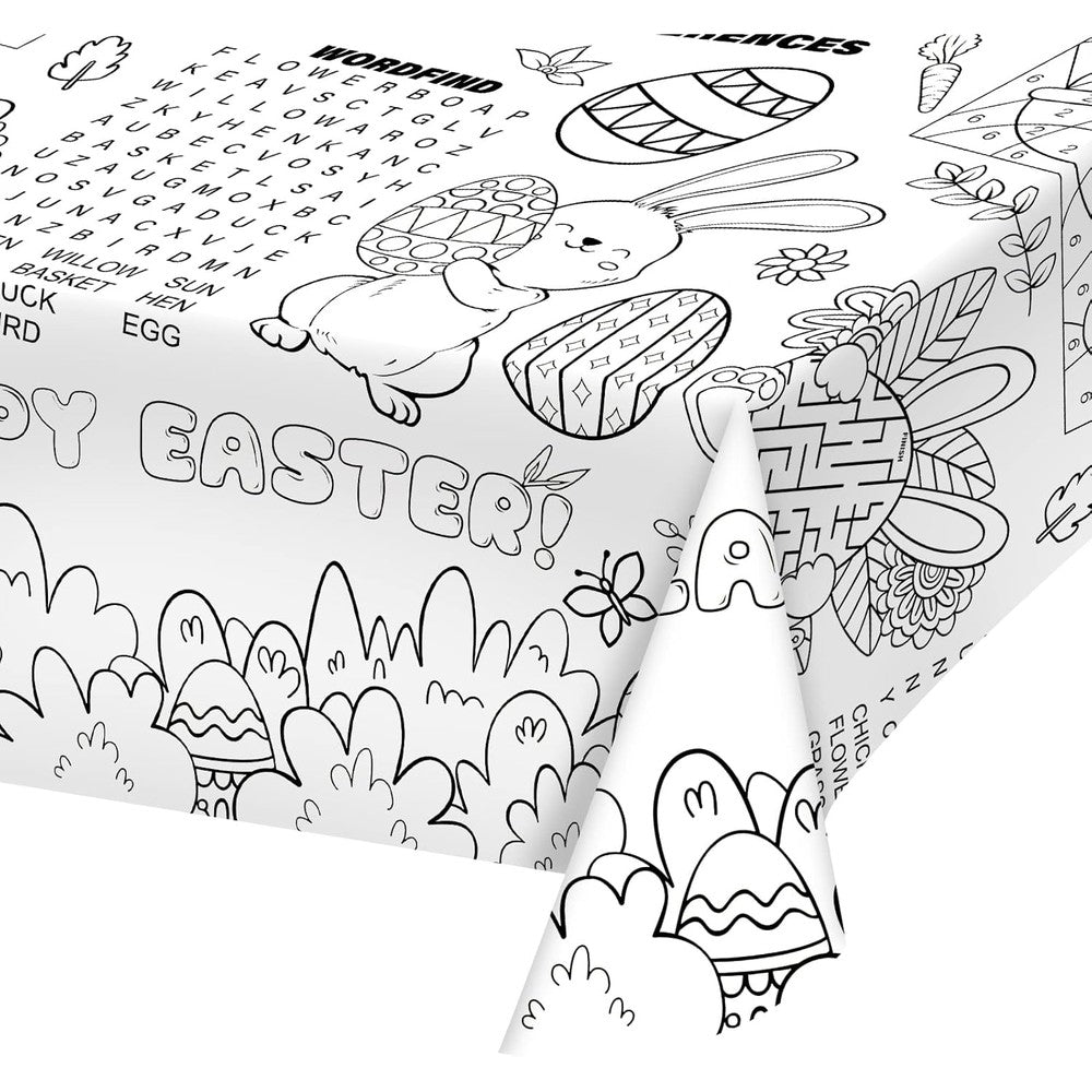 Gatherfun Disposable Easter Color-in Paper Tablecloth front view showing festive bunny illustrations.