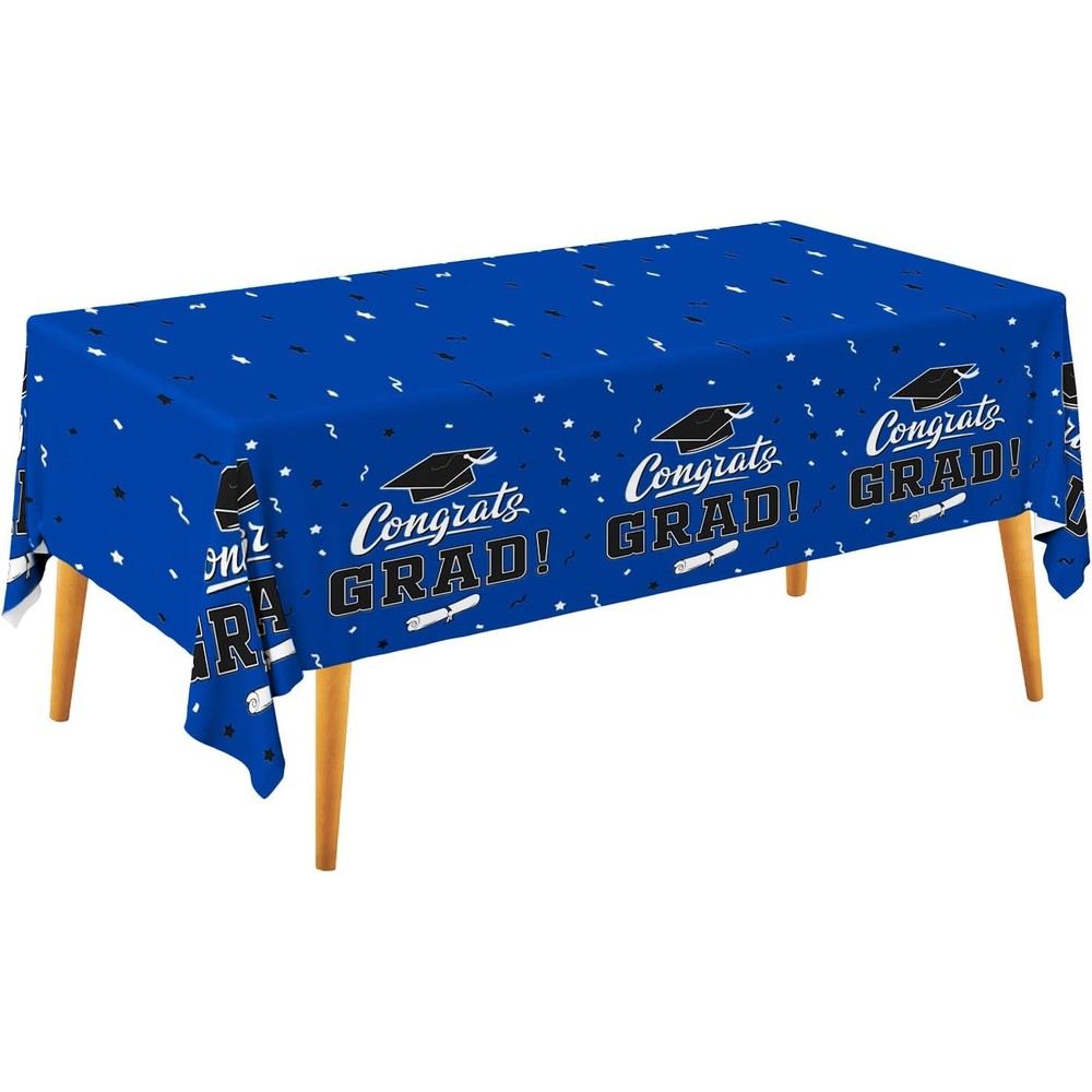 Gatherfun Graduation Party Decorations blue tablecloth set front view showing Congrats Grad text