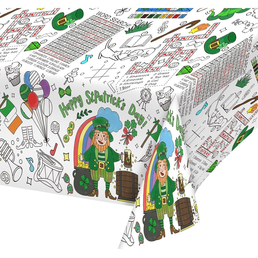 Gatherfun Saint Patricks Day color in disposable paper tablecloth front view spread across a festive rectangular party table.