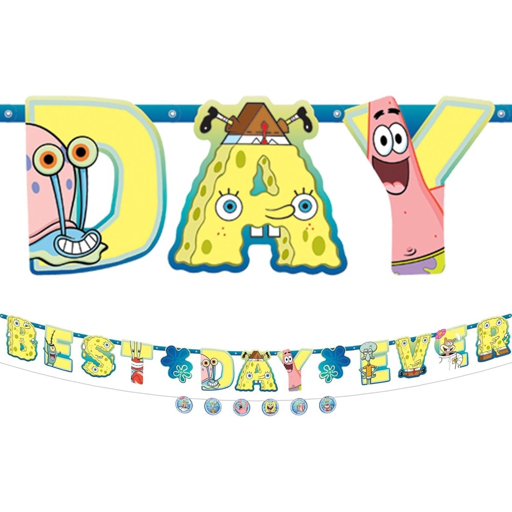 Amscan Spongebob Best Day Ever multicolor jumbo letter banner kit front view