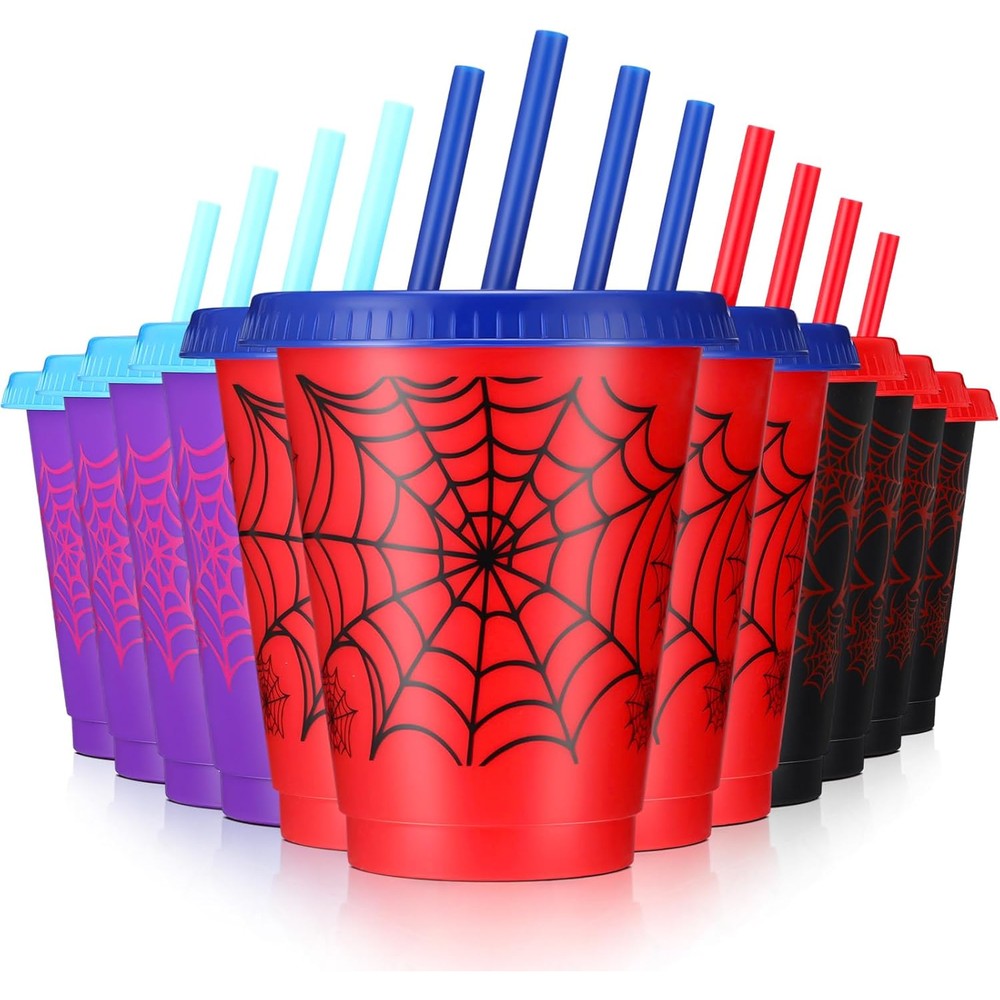 Lzuhoa spider theme party cups with lids and straws front view