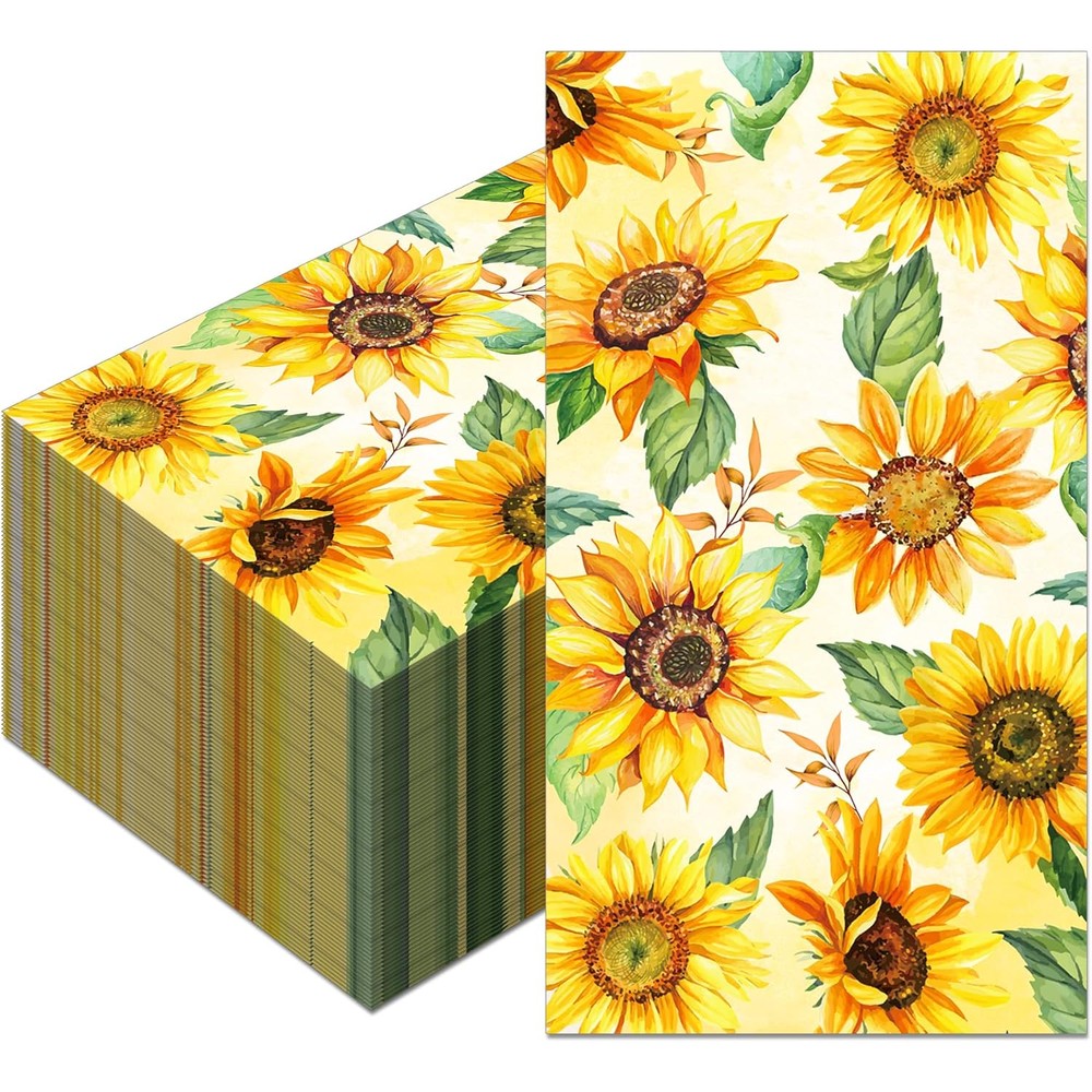 Jajajuegos sunflower paper napkins front view showcasing vibrant yellow floral prints for party decorations.