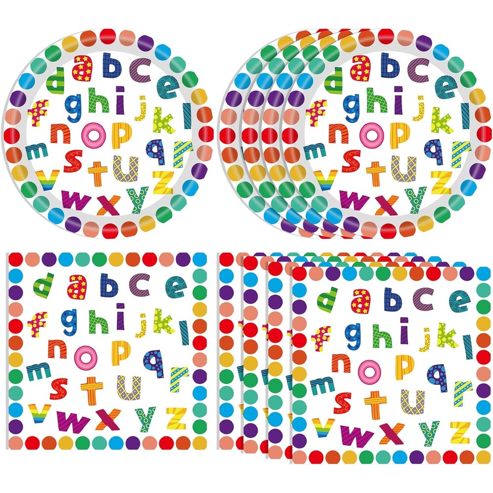 DURYGEN Alphabet Number Party Supplies set showing front view of rainbow plates and napkins.