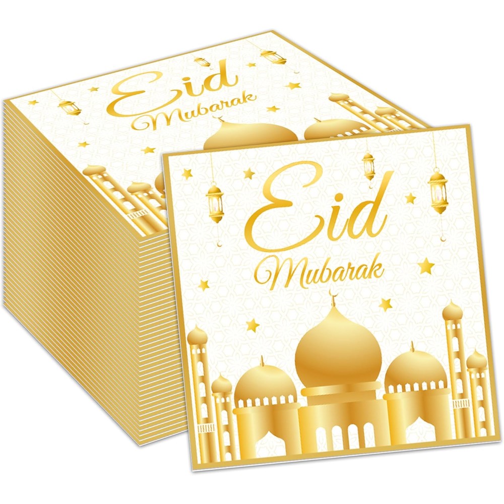 Jajajuegos Eid Mubarak paper napkins front view showcasing gold moon and stars design for holiday party supplies.