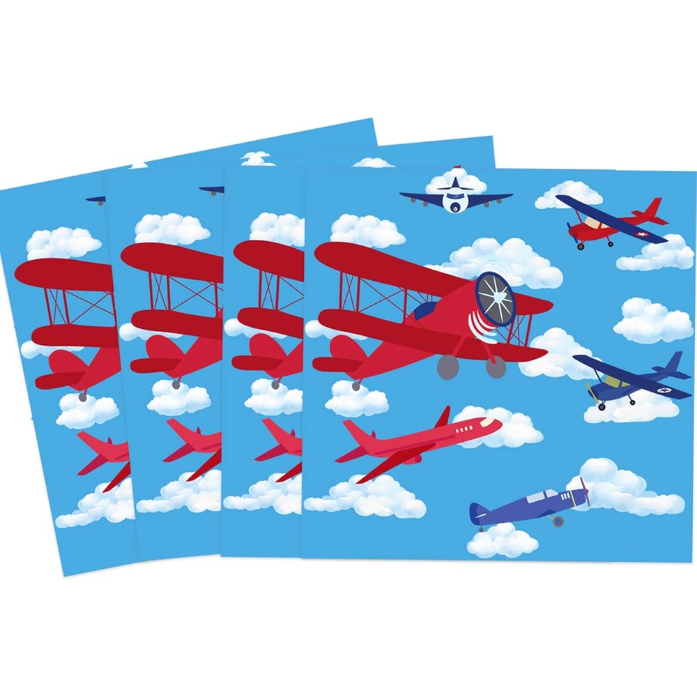 Vetwo airplane party paper napkins 60 pieces front view showing blue sky design.