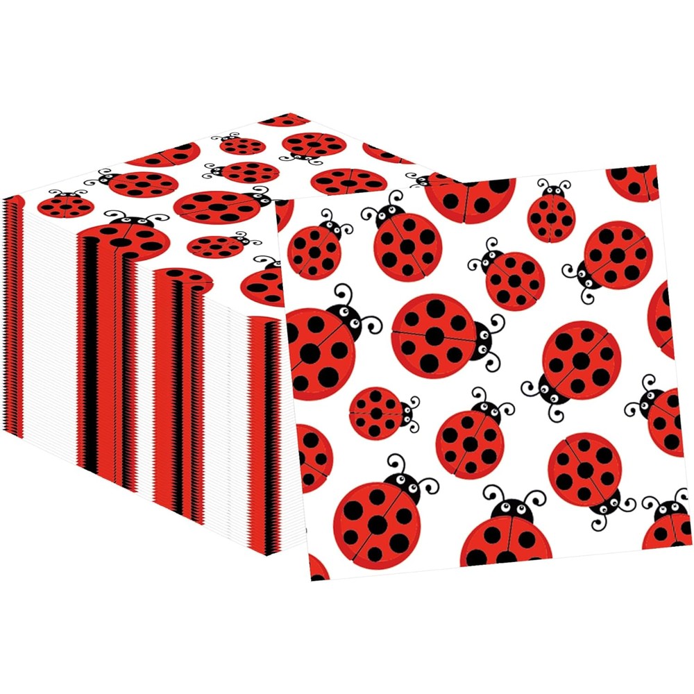 XinFan ladybug paper napkins front view showcasing red and black lady beetle designs for party tables.