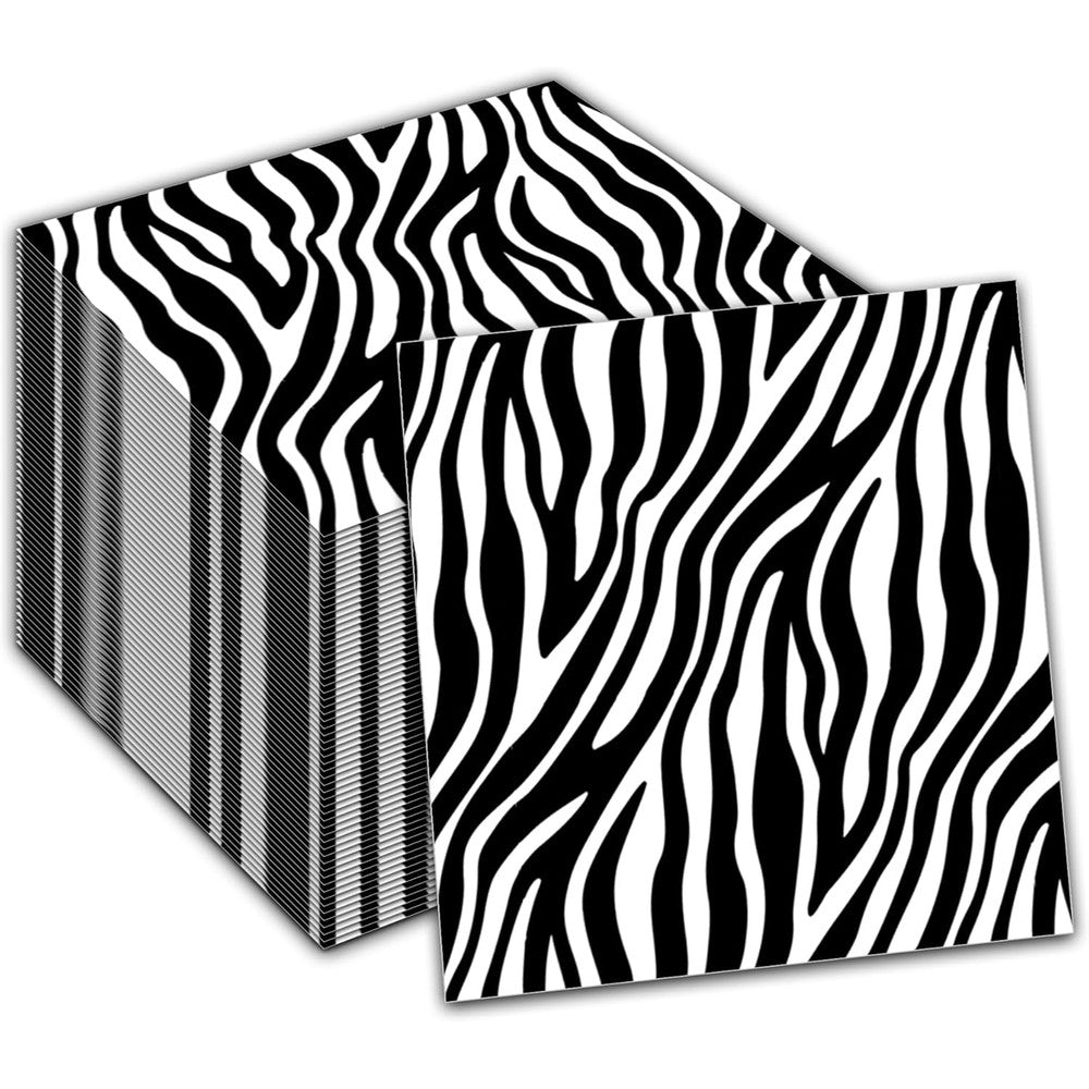 Jajajuegos zebra print party napkins front view showing bold black and white stripes for safari themed tablescapes.
