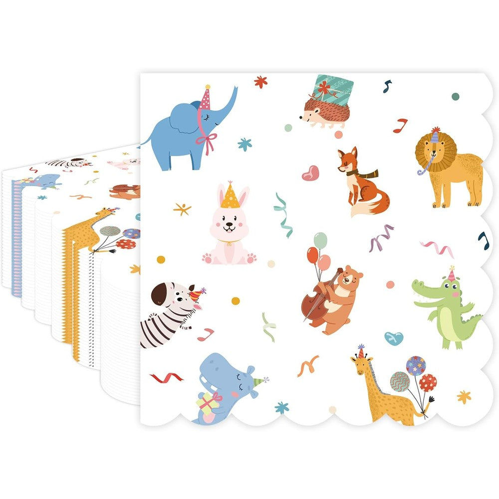 BOKFJBP animal parade paper napkins front view showcasing retro circus pattern and scalloped edges