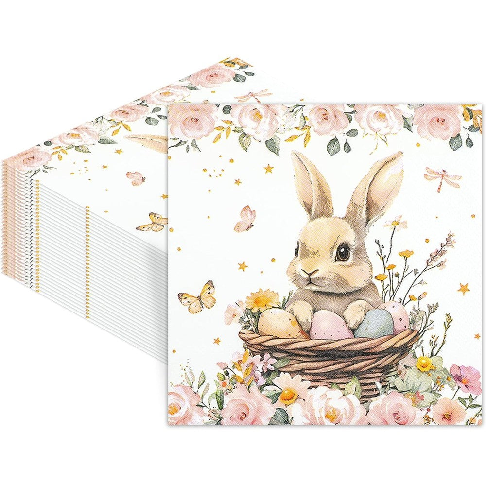 PPD Easter paper napkins front view featuring watercolor bunny and egg design table decor.