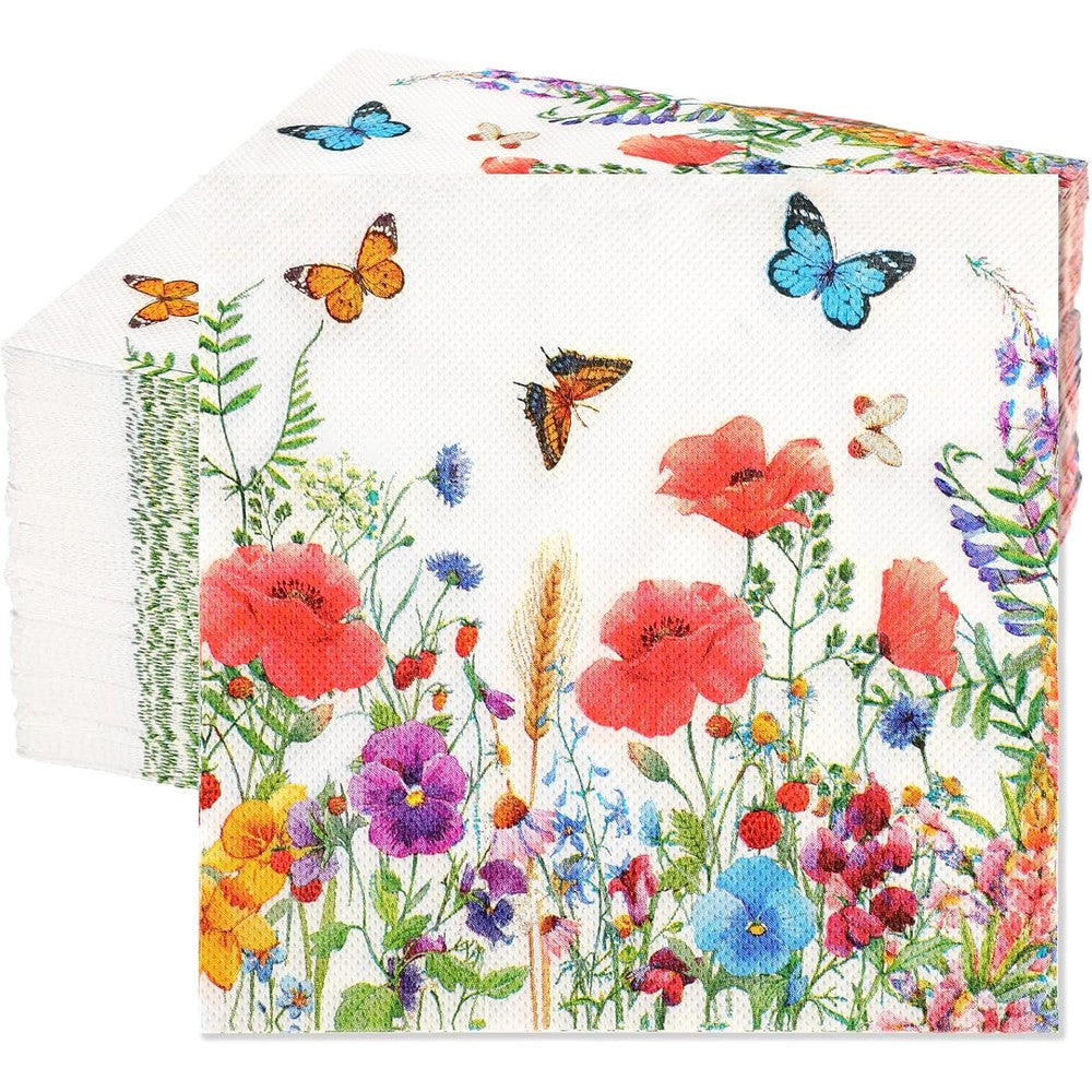 JULMELON spring flower lunch napkins 100 pack front view showcasing colorful wildflower and butterfly patterns.