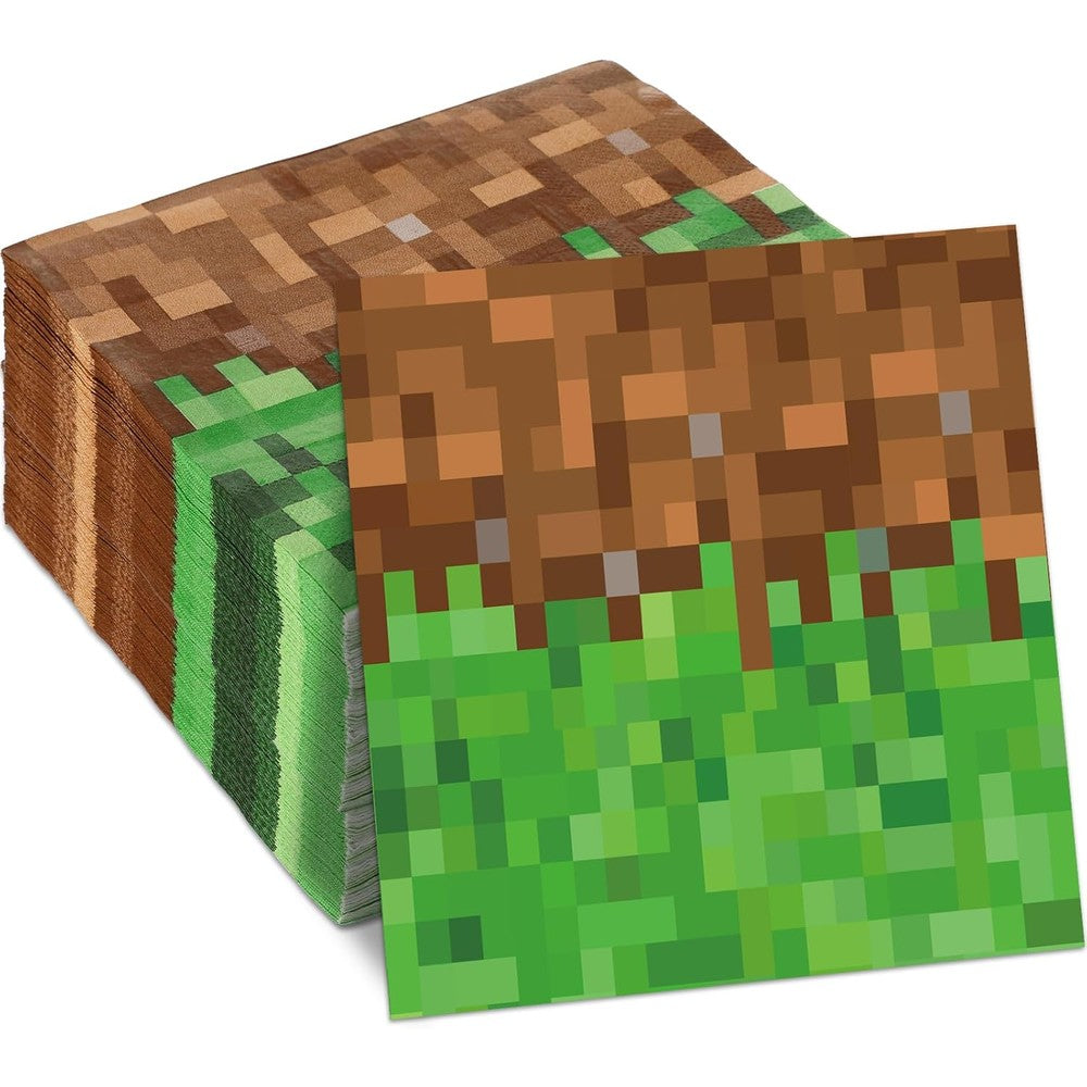 MinFyberd pixel party napkins front view showing green and brown video game block pattern