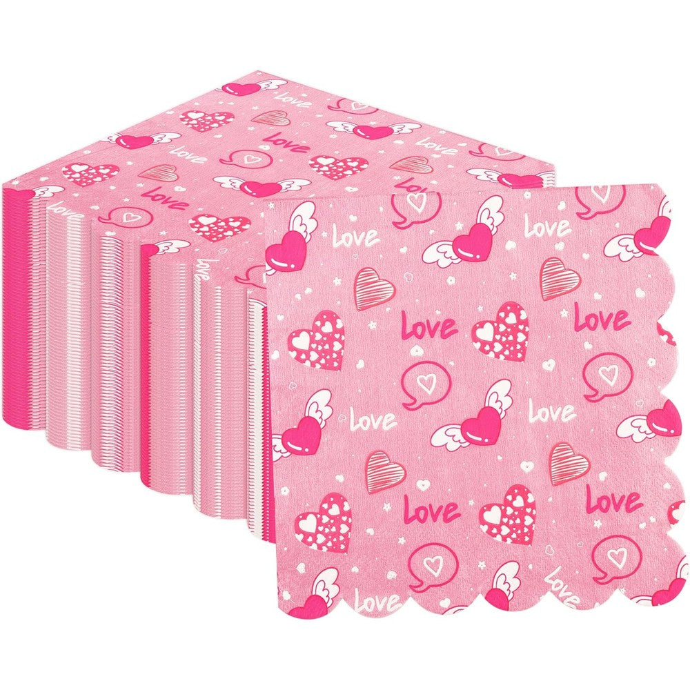Puevenyi pink love heart scalloped paper napkins front view for Valentine Day party decorations.
