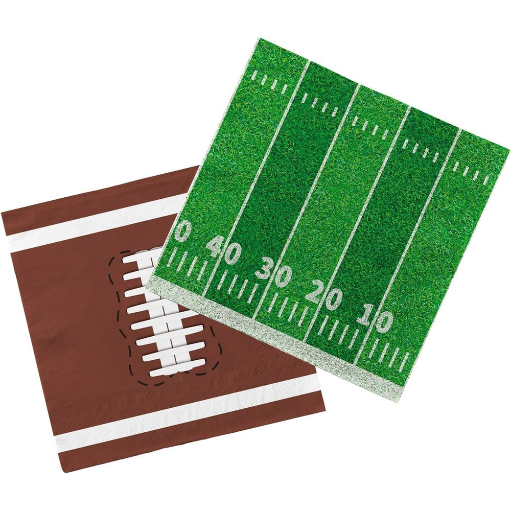 Gatherfun football disposable paper napkins front view showing themed party table setting.