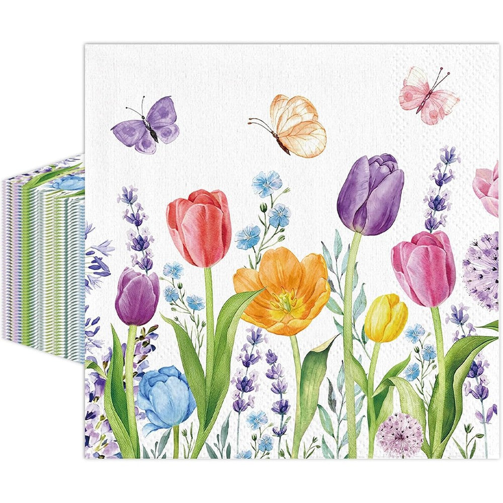 Xjoviative tulip paper napkins front view showcasing vibrant floral design for parties.