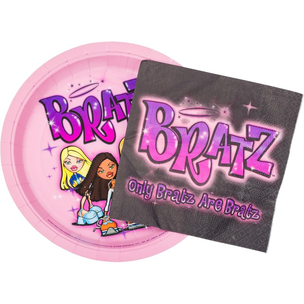 Silver Buffalo Bratz Dolls paper plates and napkins party pack front view showcasing the full 32 piece set packaging