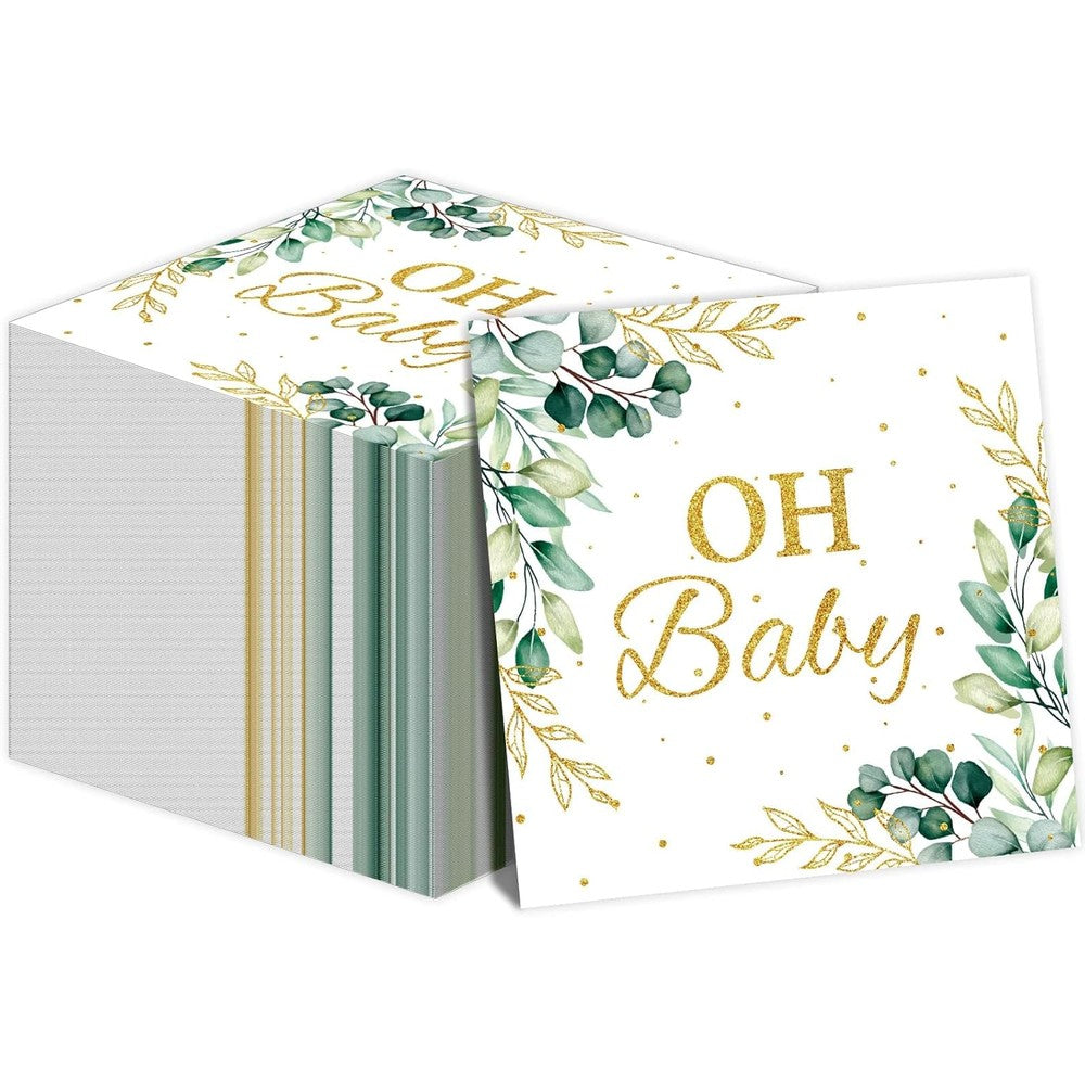 Tevxj Eucalyptus Leaf Oh Baby Napkins front view showing premium botanical print for party table setup.
