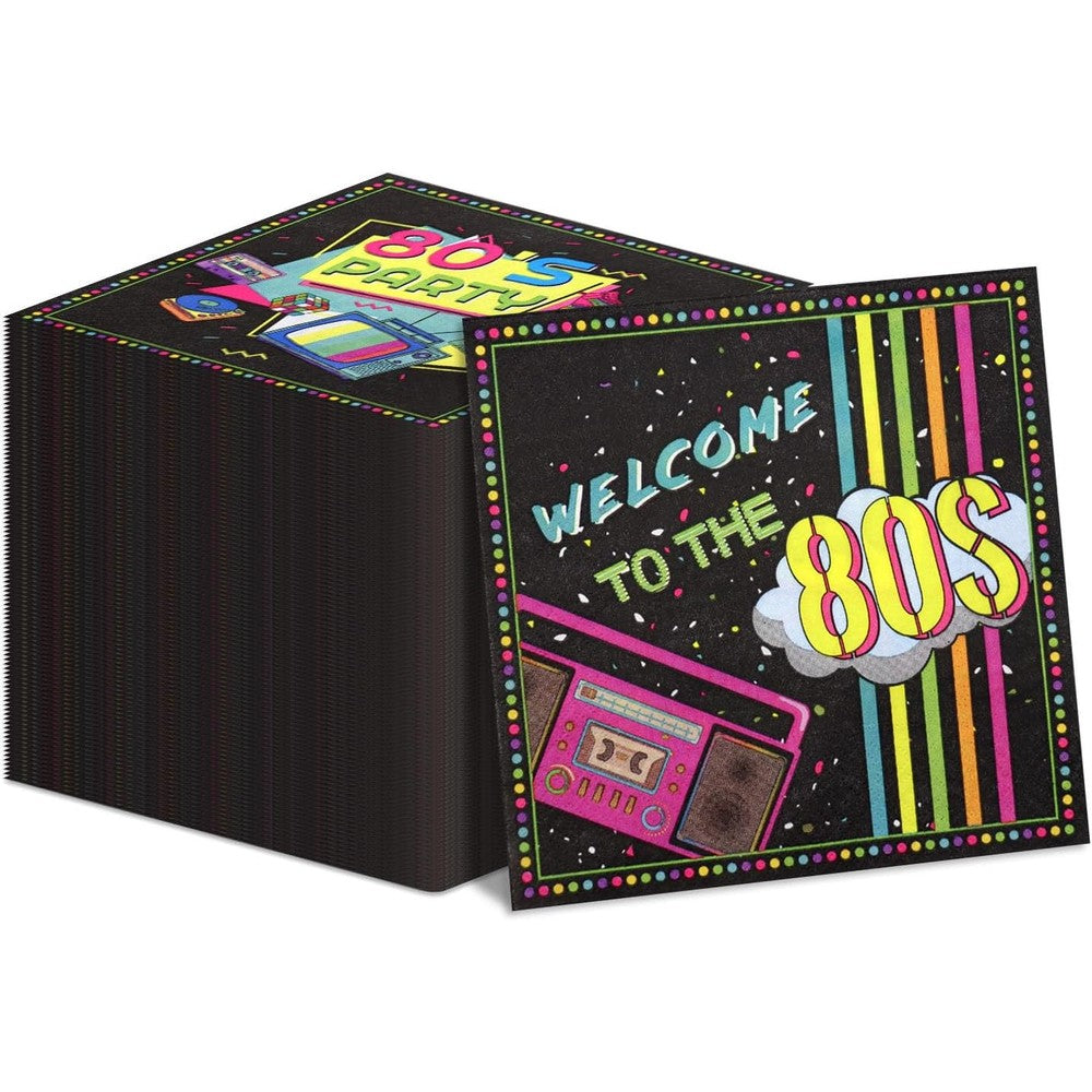 Hegbolke 80s napkins decorations front view of package showing colorful neon design