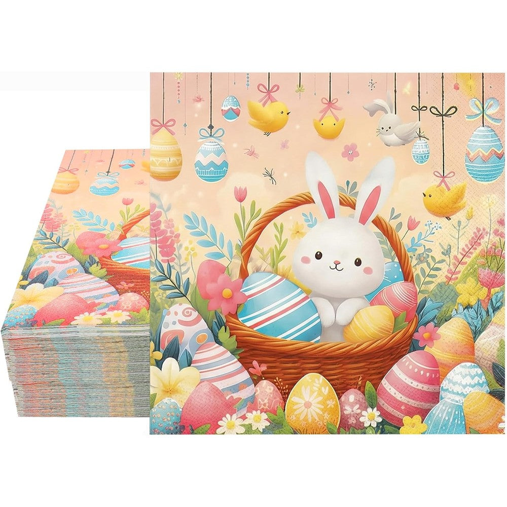 Ibohr Easter paper napkins front view showing cute cartoon bunny and colorful eggs design