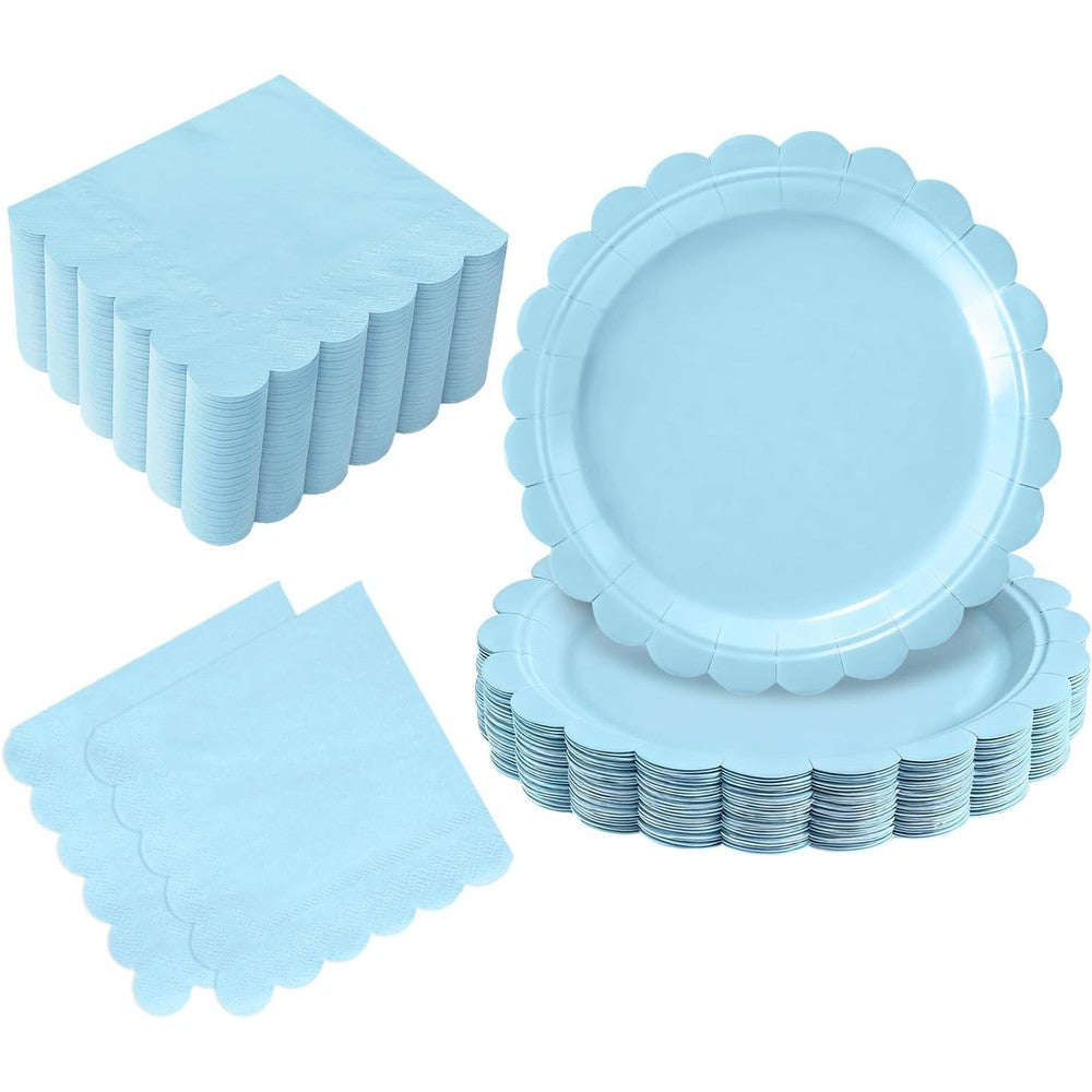 NatNarr light blue scalloped plates and napkins set front view