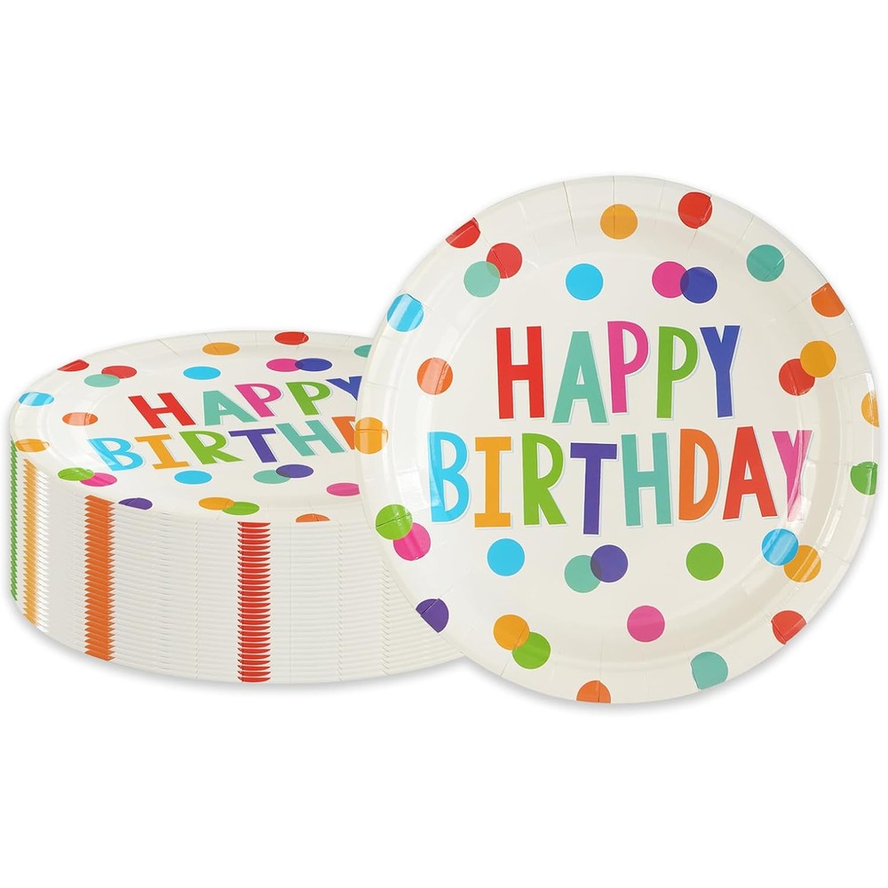 Puevenyi 50 Pieces Happy Birthday Colorful Dots Paper Plates front view