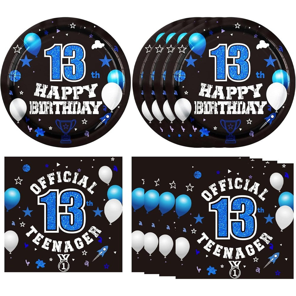 DURYGEN 40 piece 13th birthday decorations for boys front view showing official teenager plates and napkins setup
