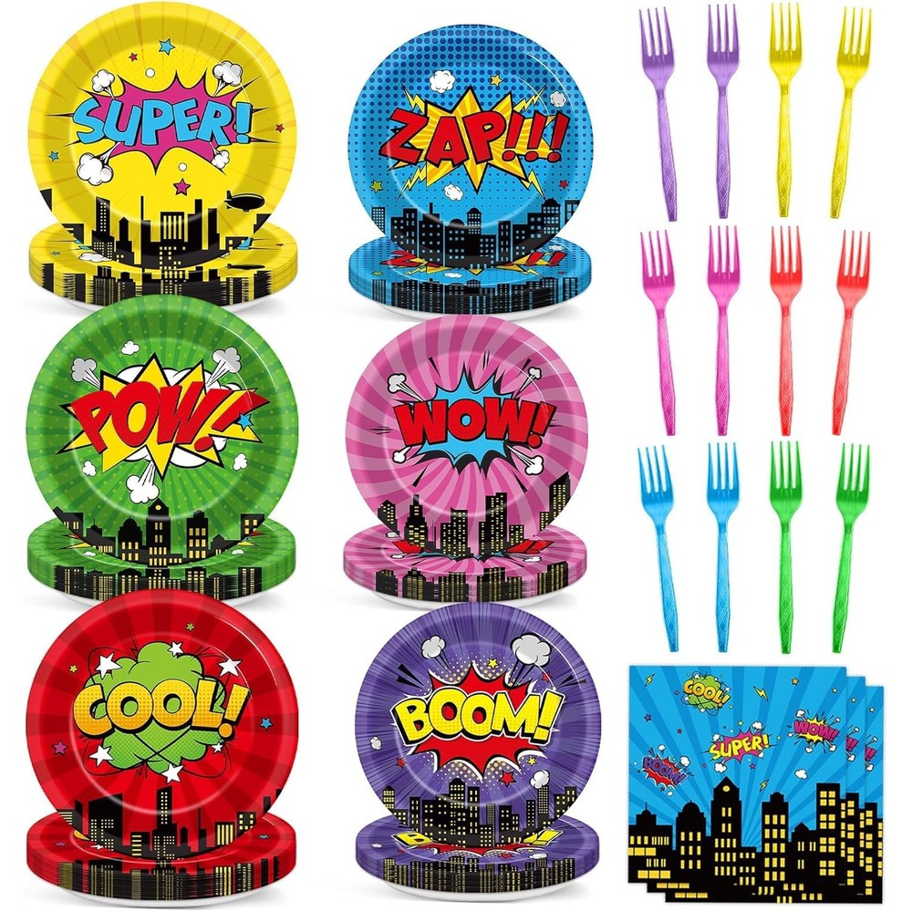 Tevxj 96 piece superhero party tableware set front view