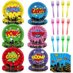 Tevxj 96 piece superhero party tableware set front view