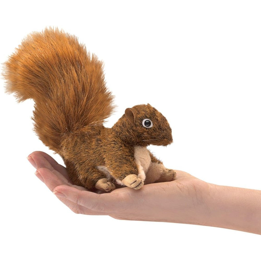 Folkmanis Mini Red Squirrel Finger Puppet front view showcasing realistic plush ginger fur and fluffy tail.