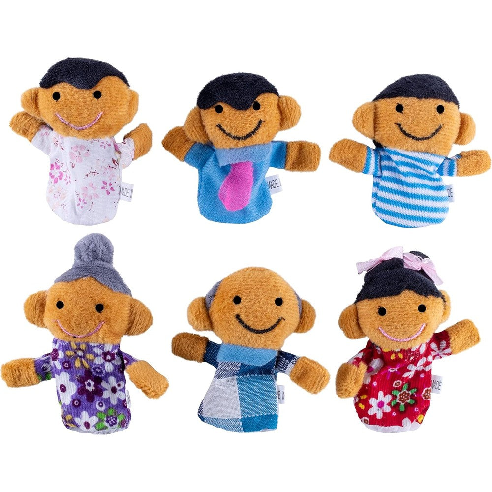 Super Z Outlet Mini Family Finger Puppets front view of 6 piece plush set on fingers.