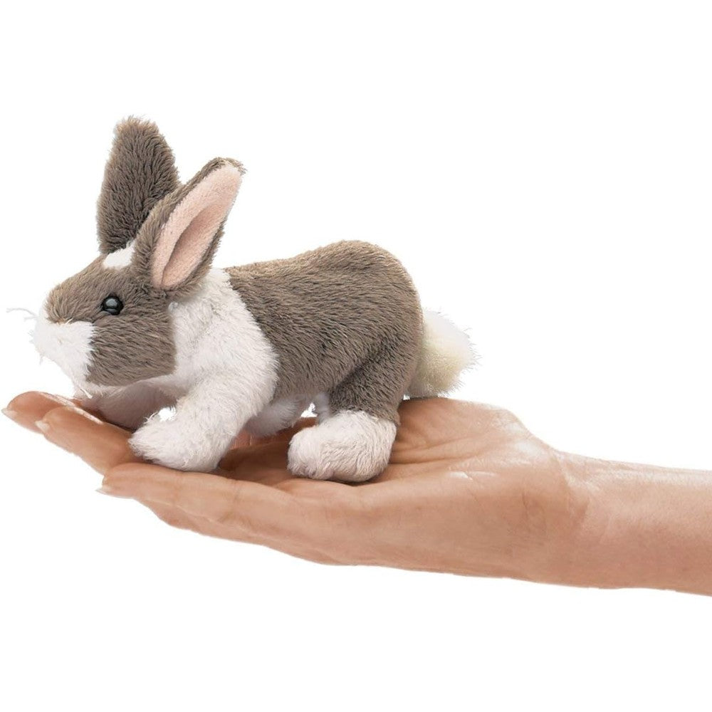 Folkmanis Mini Bunny Rabbit Finger Puppet front view showing gray and white plush fur.