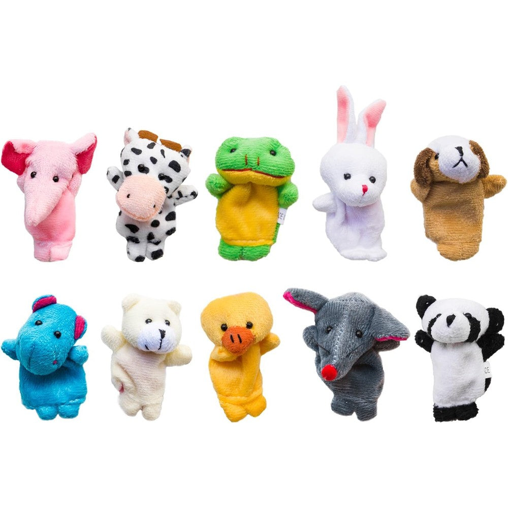 Super Z Outlet Velvet Cute Animal Style Finger Puppets front view showing ten colorful plush toys