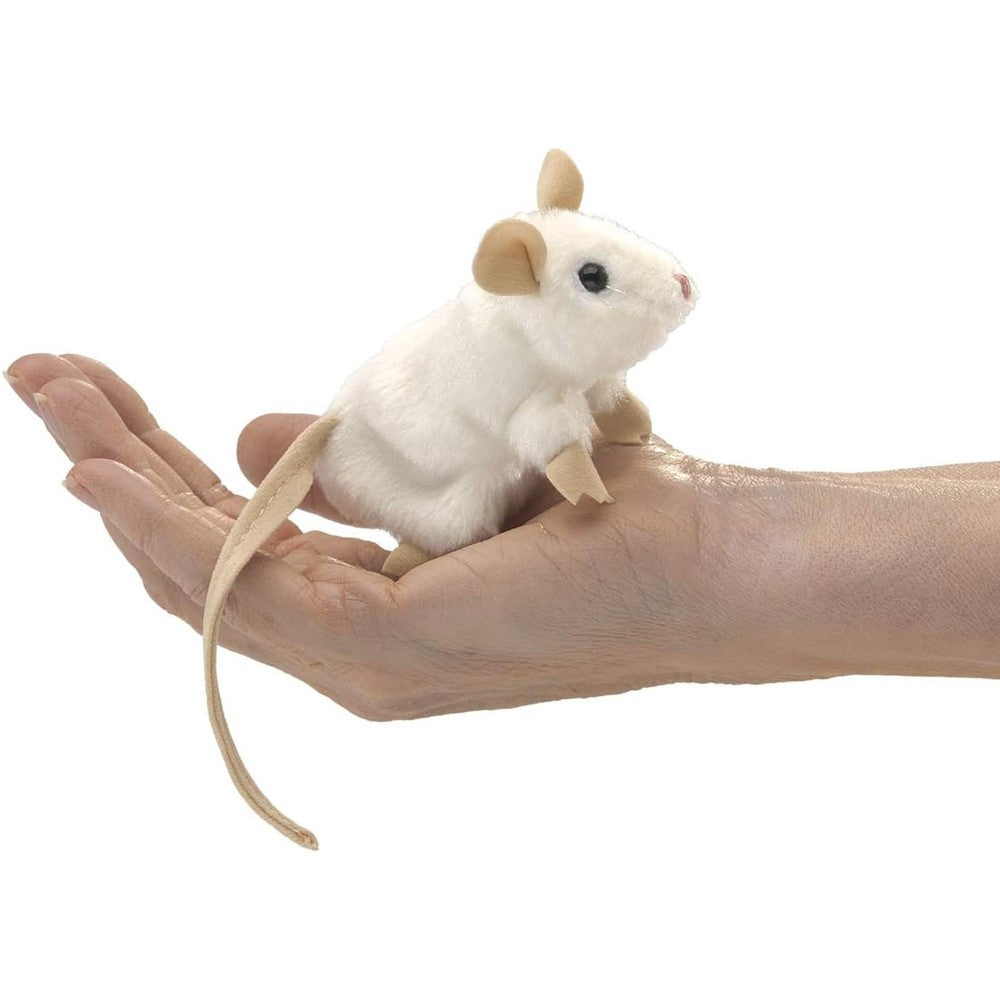 Folkmanis Mini White Mouse Finger Puppet front view showcasing soft white plush fur and large pink ears.