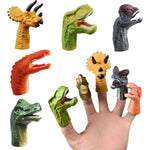 SAURAWAN Dinosaur Finger Puppets Set front view showcasing five colorful mini rubber toys on fingers.