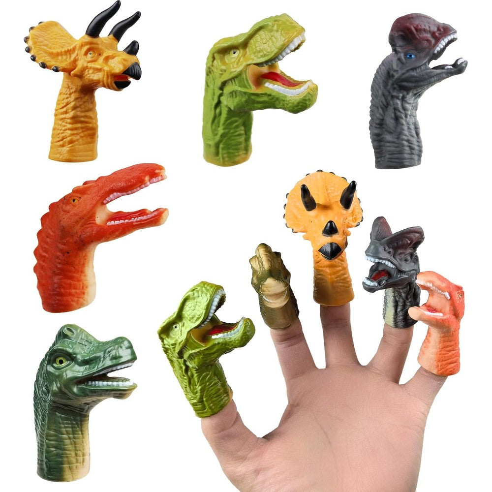 SAURAWAN Dinosaur Finger Puppets Set front view showcasing five colorful mini rubber toys on fingers.