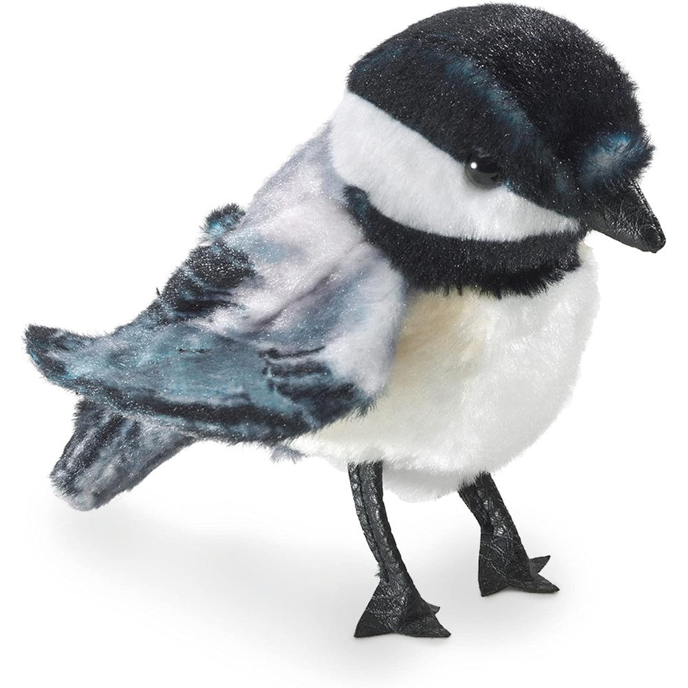 Folkmanis Mini Chickadee Finger Puppet front view showcasing realistic black cap and white plush feathers.